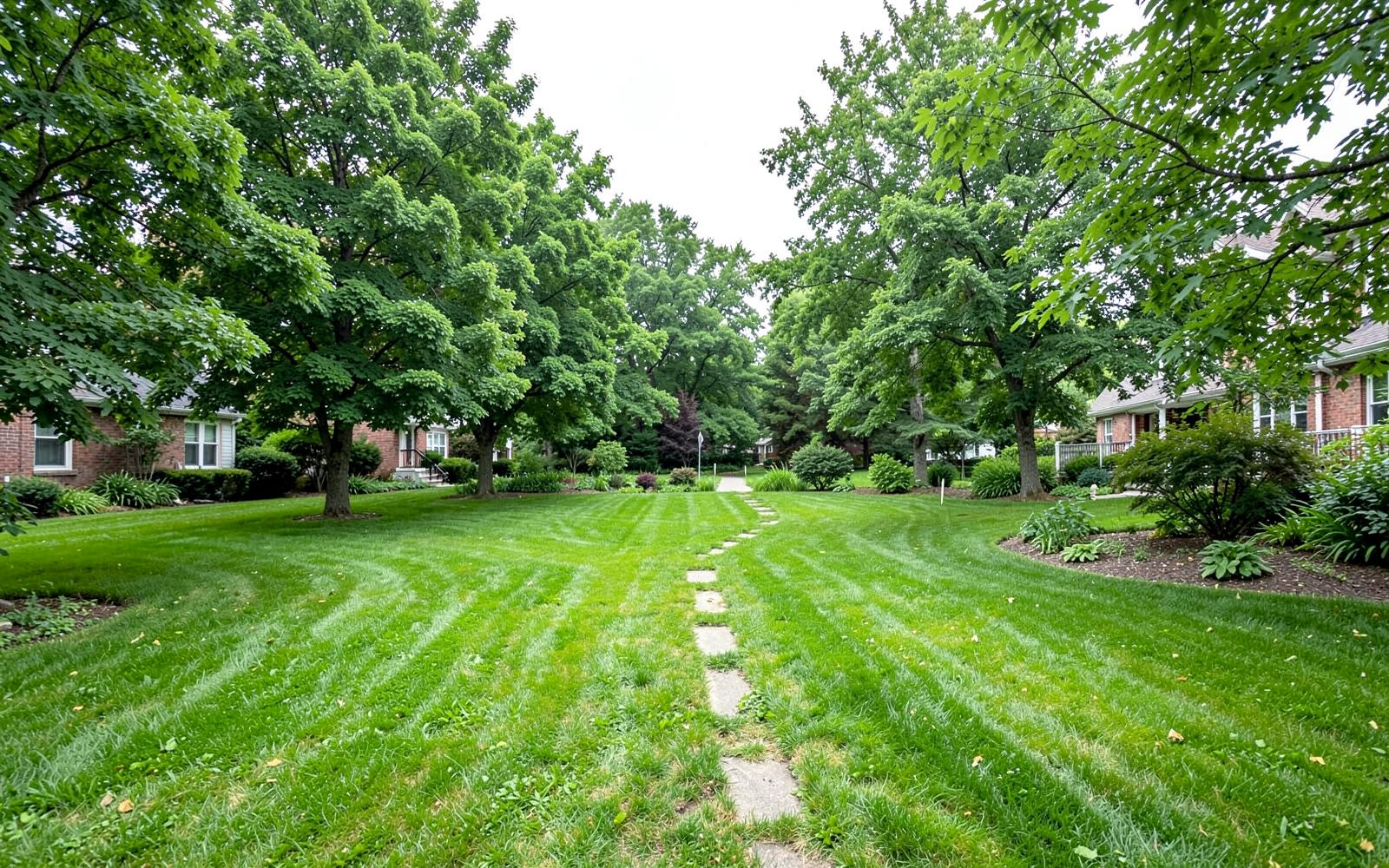 Open residential backyard lawn with mature trees and a stepping stone path