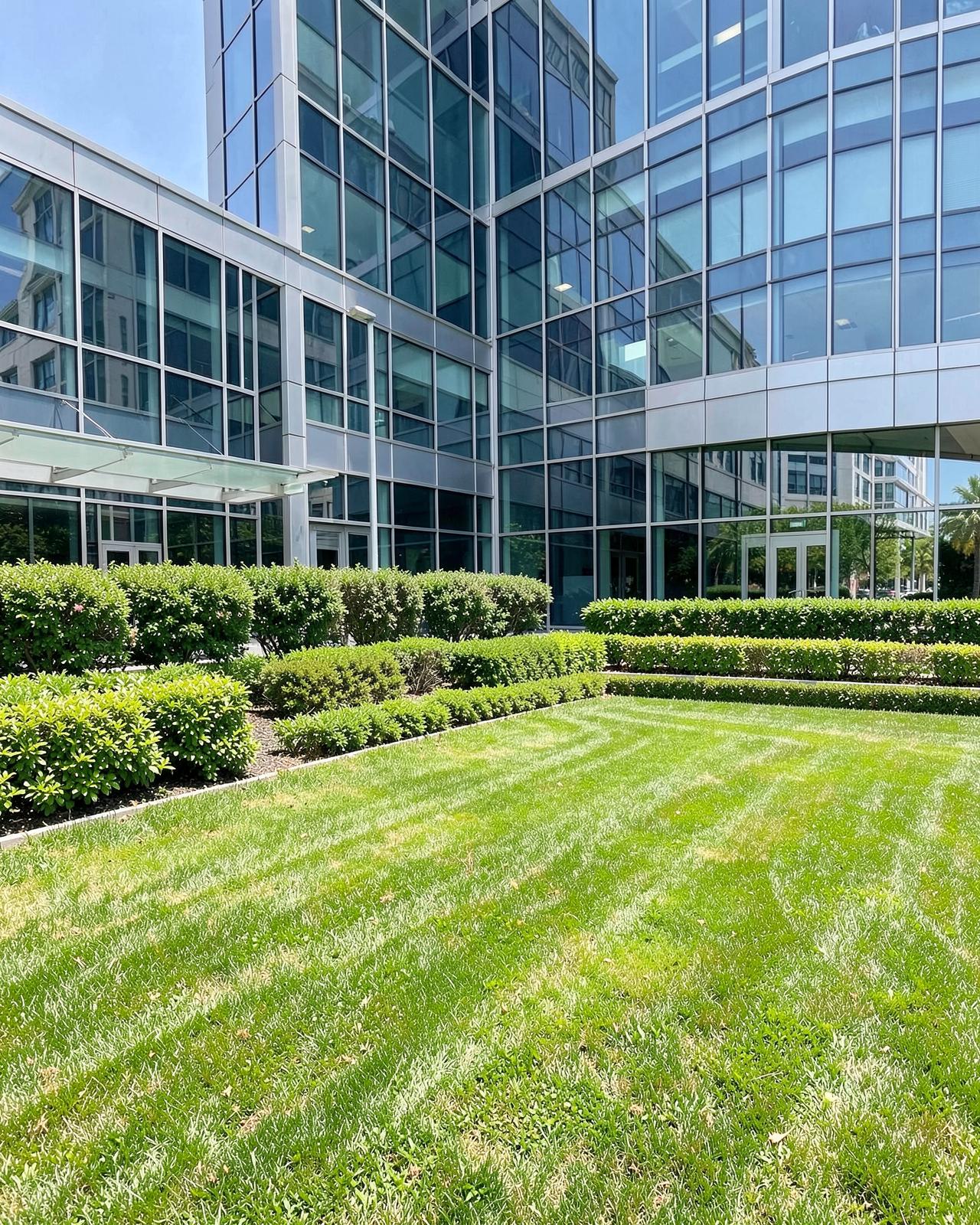 Manicured lawn and low hedges in front of a modern commercial building