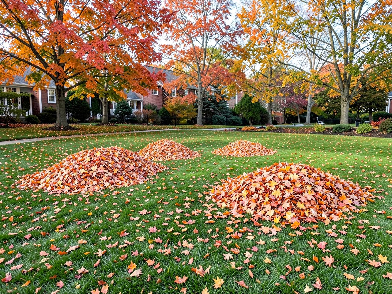 Autumn leaves raked into neat piles on a green residential lawn