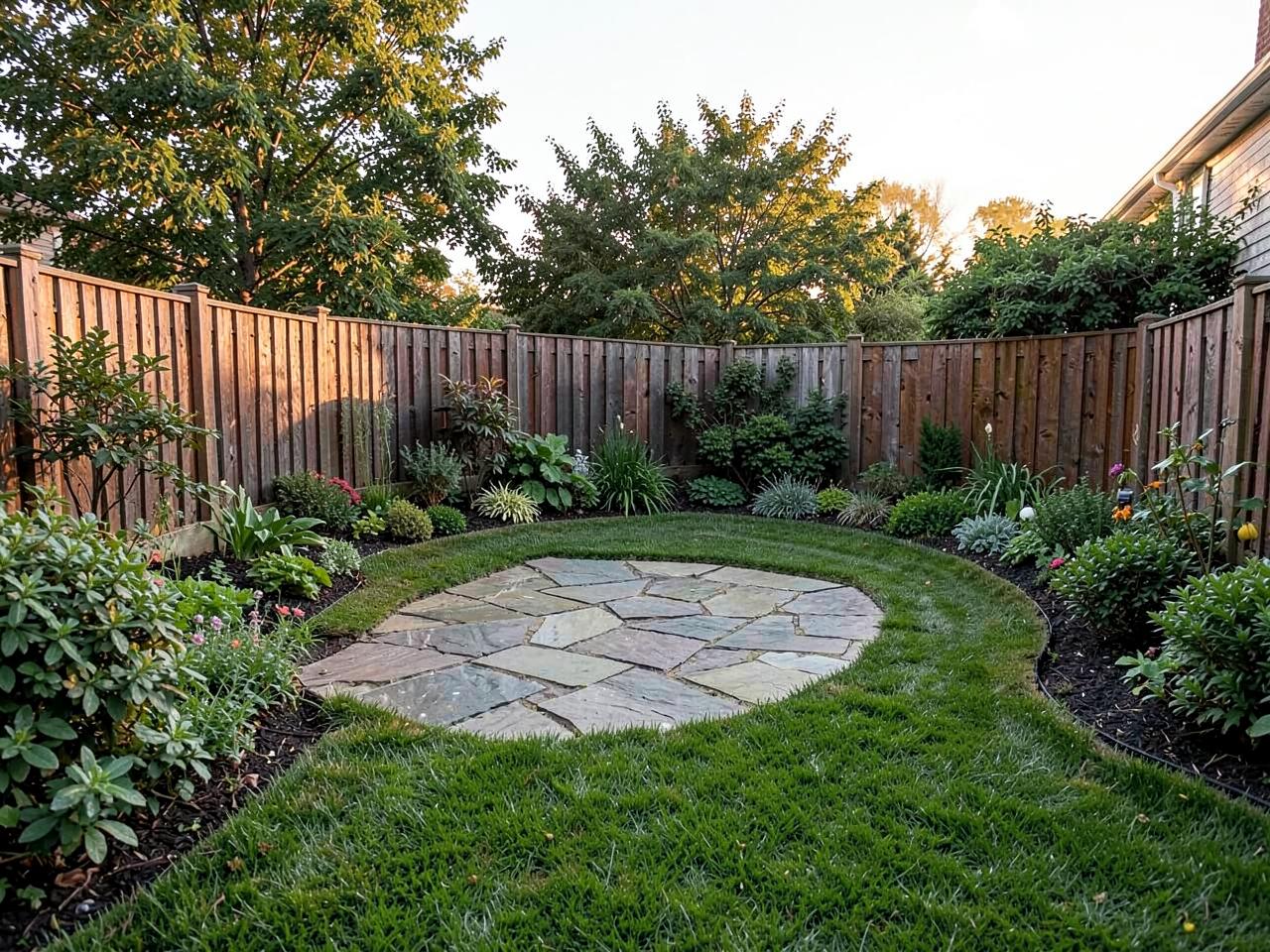 Backyard stone patio surrounded by lawn and planted borders