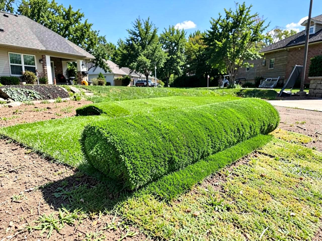 Rolls of fresh sod being laid on a prepared residential yard