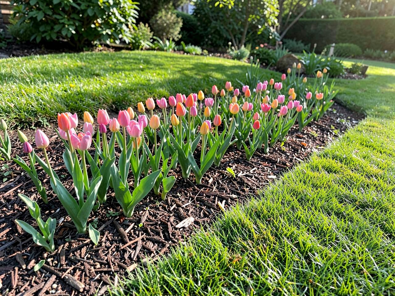 Spring garden bed with fresh mulch and tulips beside a green lawn