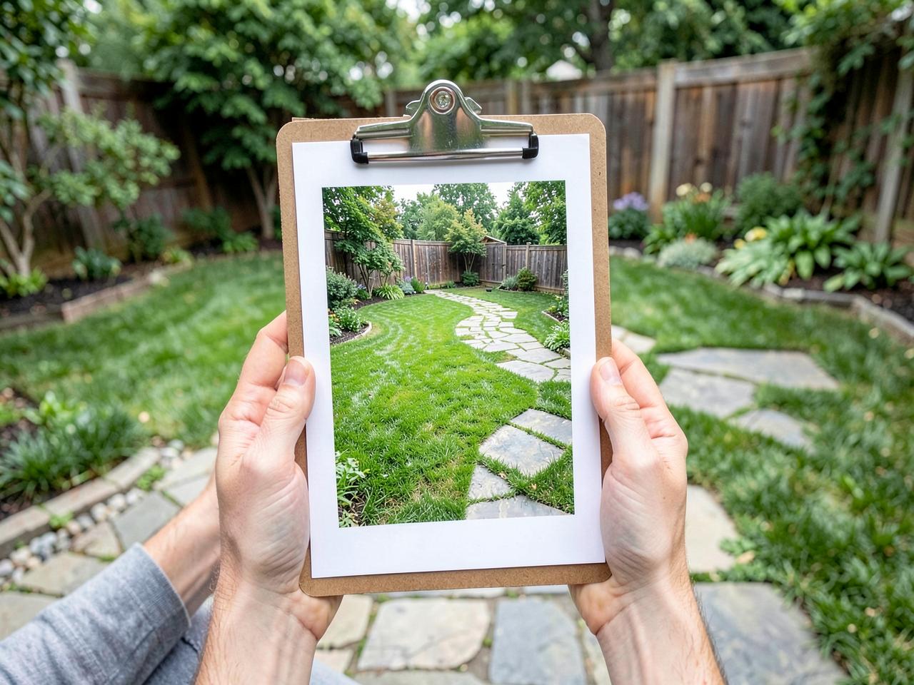 A backyard lawn and garden being reviewed with a planning photo on a clipboard