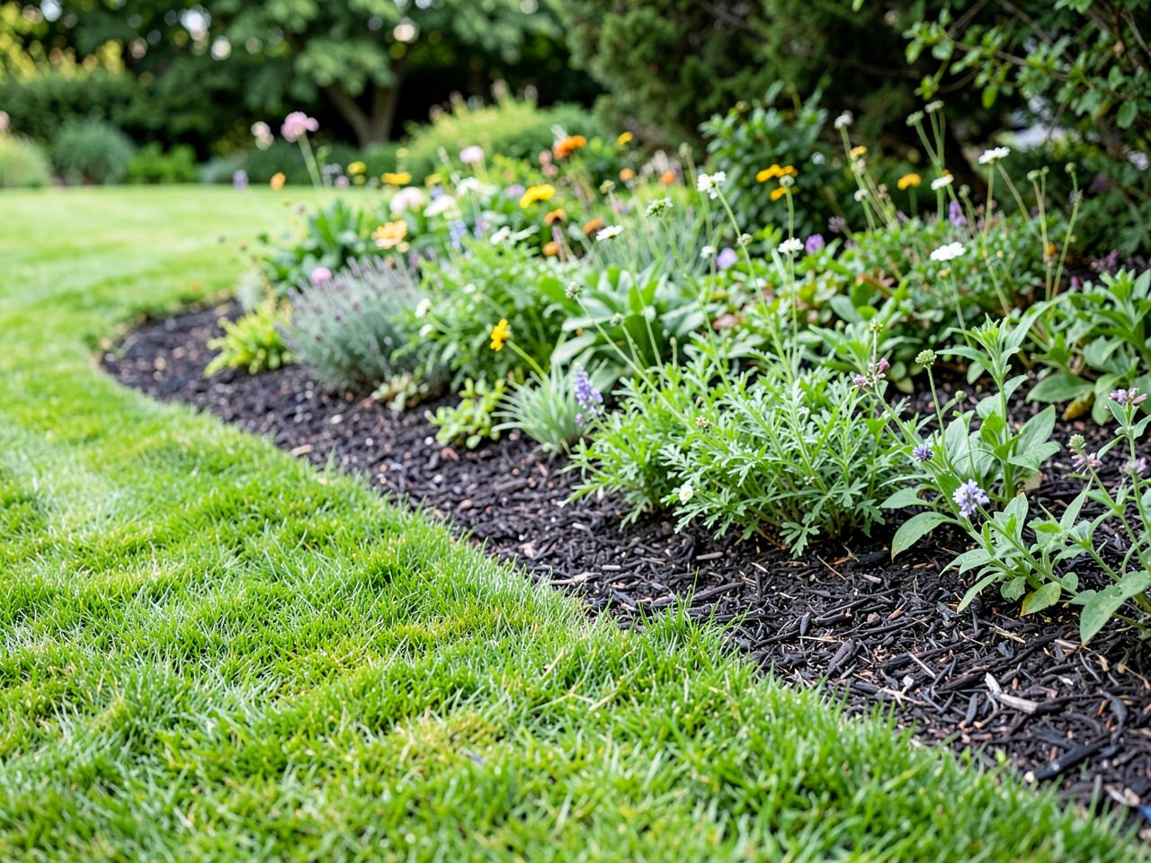 Freshly mown green lawn beside a mulched garden bed with flowering perennials