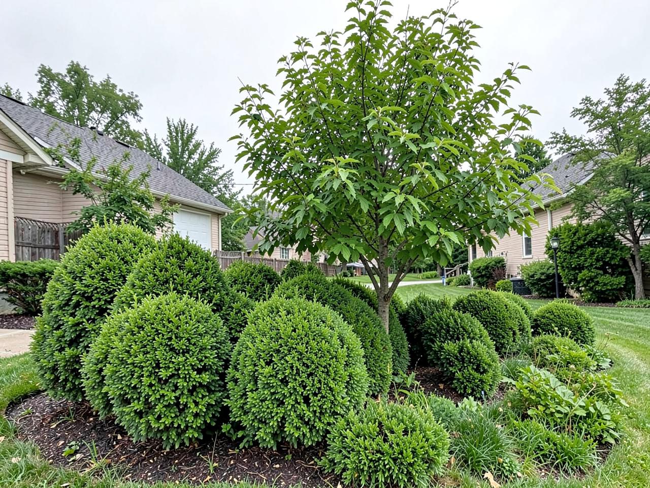 Neatly pruned rounded shrubs and a healthy young tree in a residential garden bed